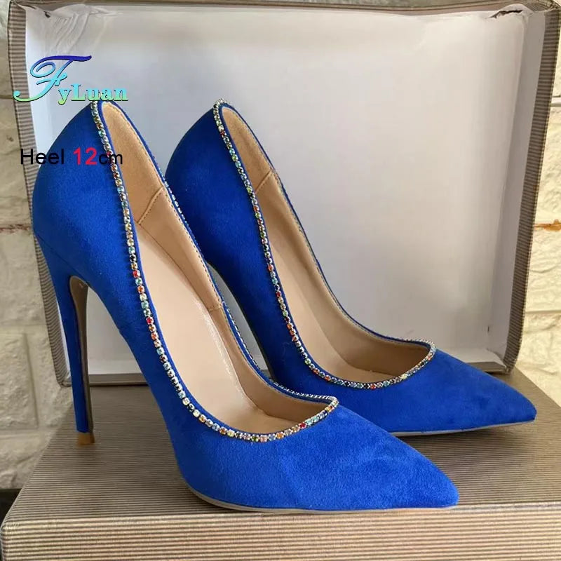 New Style Fashion Women Pumps Blues Suede Rhinestone Shallow Mouth High Heels Single Shoes Pointy Toe Stiletto Party Lady Shoes