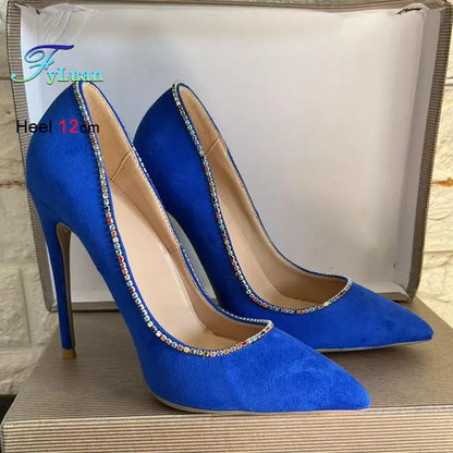 New Style Fashion Women Pumps Blues Suede Rhinestone Shallow Mouth High Heels Single Shoes Pointy Toe Stiletto Party Lady Shoes