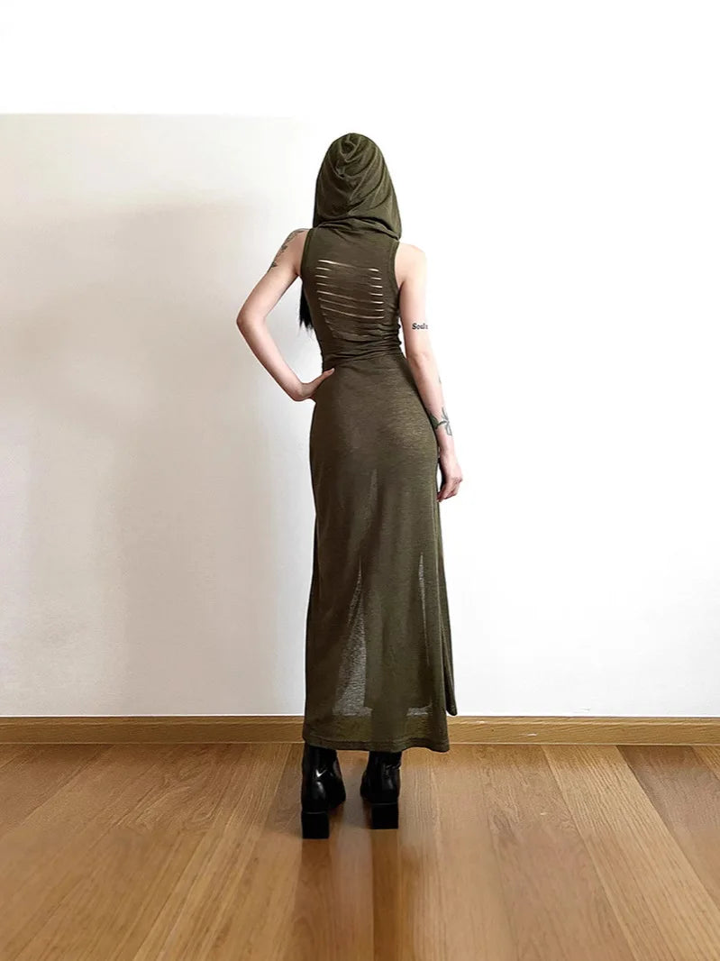 Cyber Gothic Desert Walker Hooded Dresses Y2k Punk Grunge Hollow Out Midi Dress Women Sexy Split Side Solid Streetwear