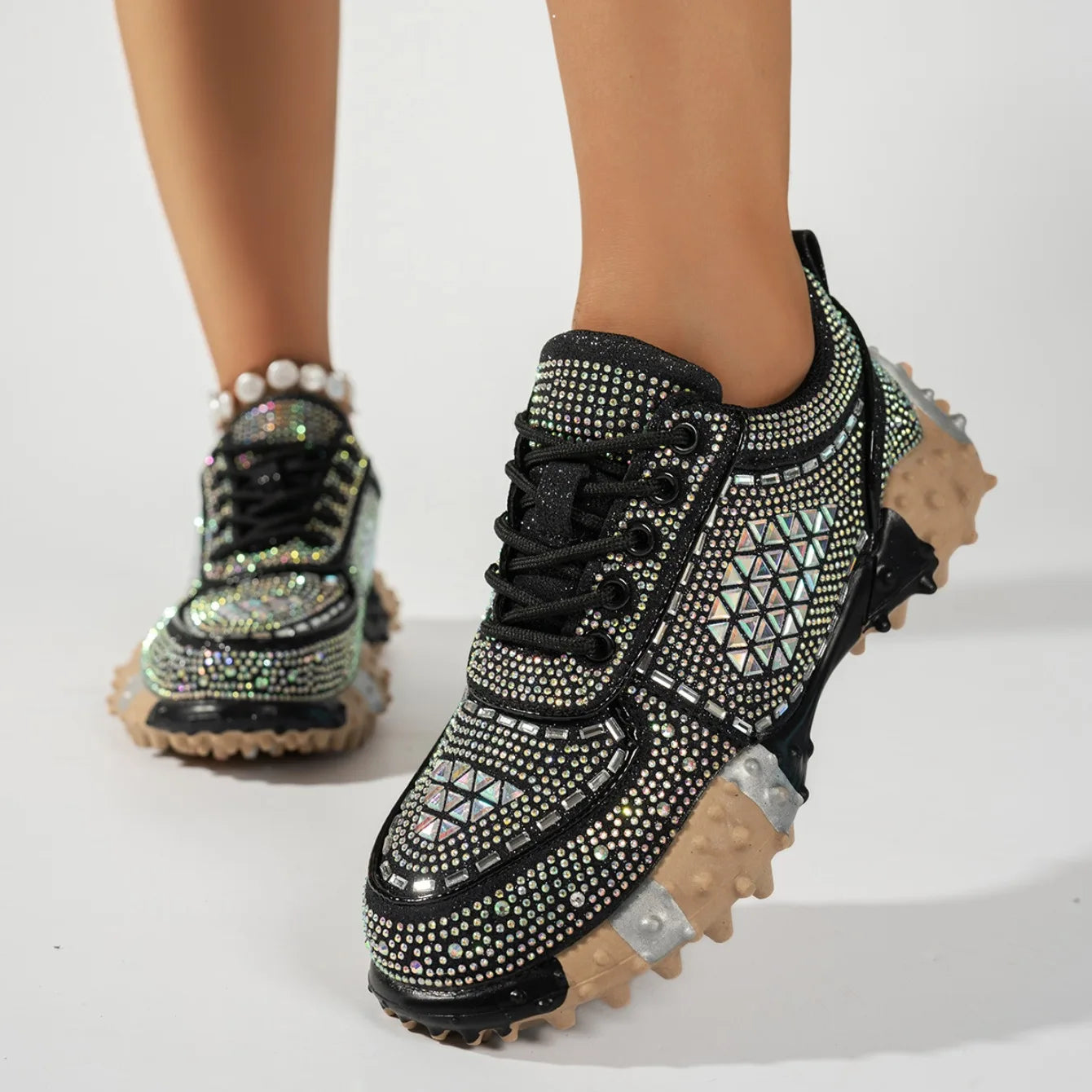 2026 Thick Soled Color Blocked Women's Sneakers Luxury Rhinestone Loafers Fashion Versatile Comfort Anti Slip Women Shoes Tenis