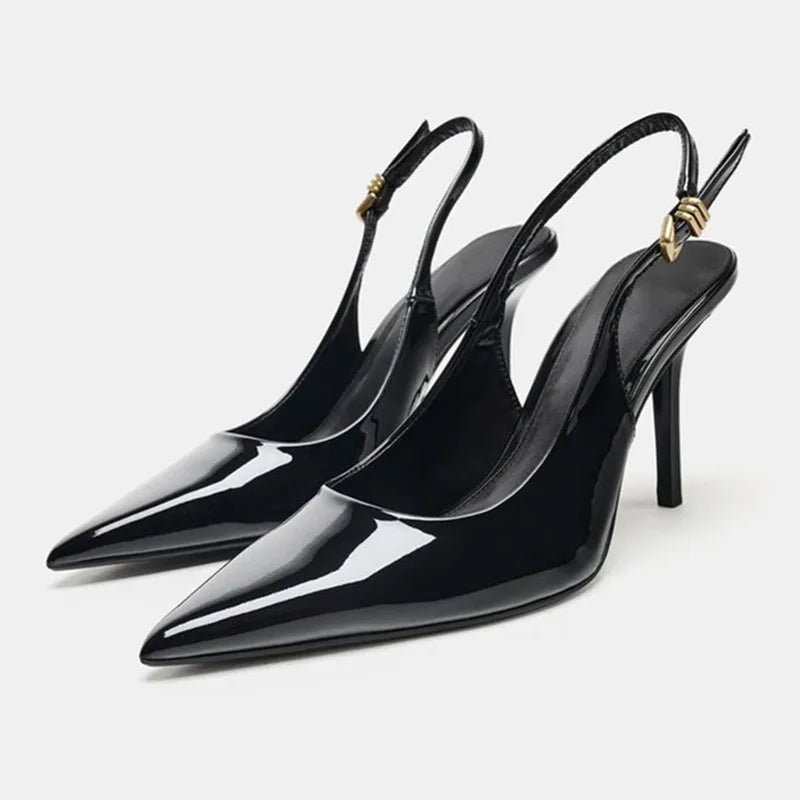 Luxury Patent Leather Metal Buckle Slingbacks Women Pumps Sexy Pointed Toe High Heels for Ladies Elegant Banquet Office Shoes
