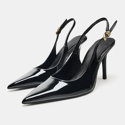 Luxury Patent Leather Metal Buckle Slingbacks Women Pumps Sexy Pointed Toe High Heels for Ladies Elegant Banquet Office Shoes