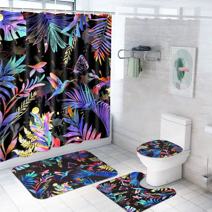 Banana Leaf Shower Curtain Set Non-Slip Rug Bathroom Accessories Tropical Palm Plant    Botanical Floral Green