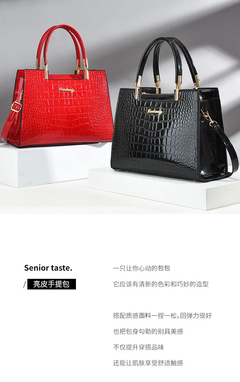 Luxury Bright Leather Ladies HandBags High-end Crocodile  Messenger Bags Boston Ladies Shopping Shoulder Tote Bags Crossbody Bag