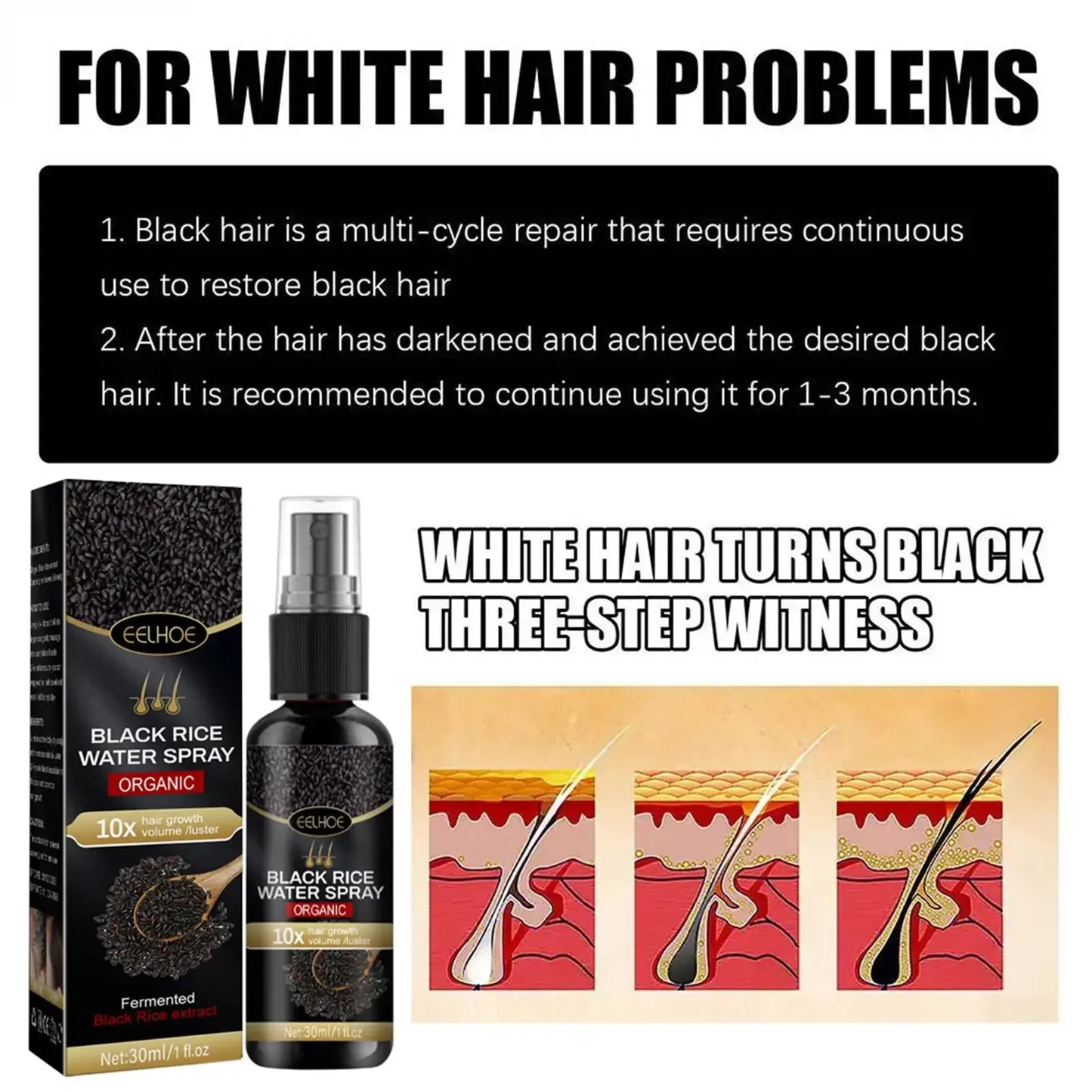 Gray White Hair Treatment Serum White To Black Repair Natural Color Black Rice Nourish Spray Anti Loss Hair High Quality Product