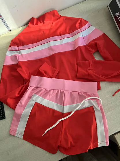 Joskaa Women 2025 Spliced 3 Piece Set Clothes Long Sleeve Cardigan Crop Top Jacket Jogger Biker Shorts Outfits Y2k Tracksuits
