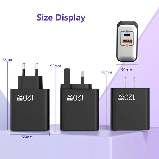 120W PD Fast Charger Type C Quick Charge USB C Wall Charger Adapter For iPhone 17 16 15 Samsung Xiaomi OPPO 2-in-1 Data Cable﻿﻿
