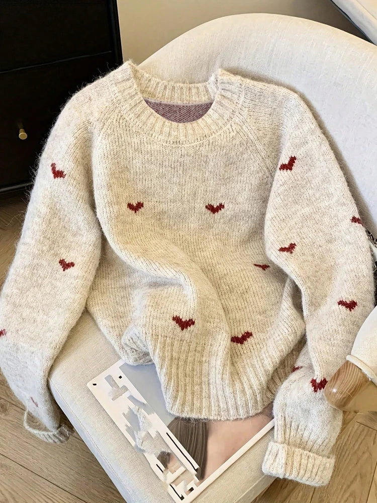 New Autumn Winter Comfortable Heart Pattern Sweater Long Sleeve Pullover Round Neck Top Sweater Warm Versatile Women's Clothing
