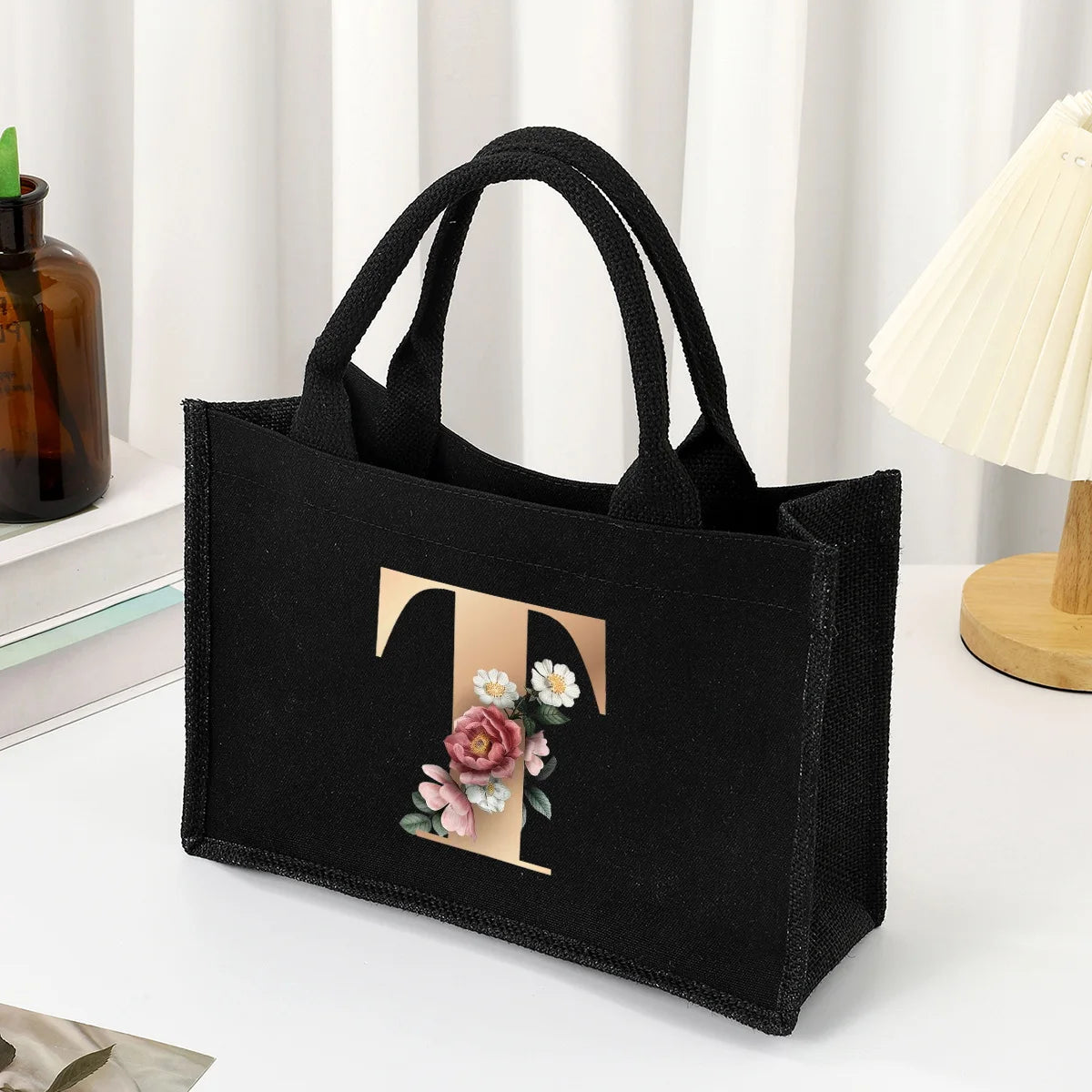 Black hand-held canvas bag, 26 letter printed women's handbag, large capacity portable leisure beach bag, indoor waterproof