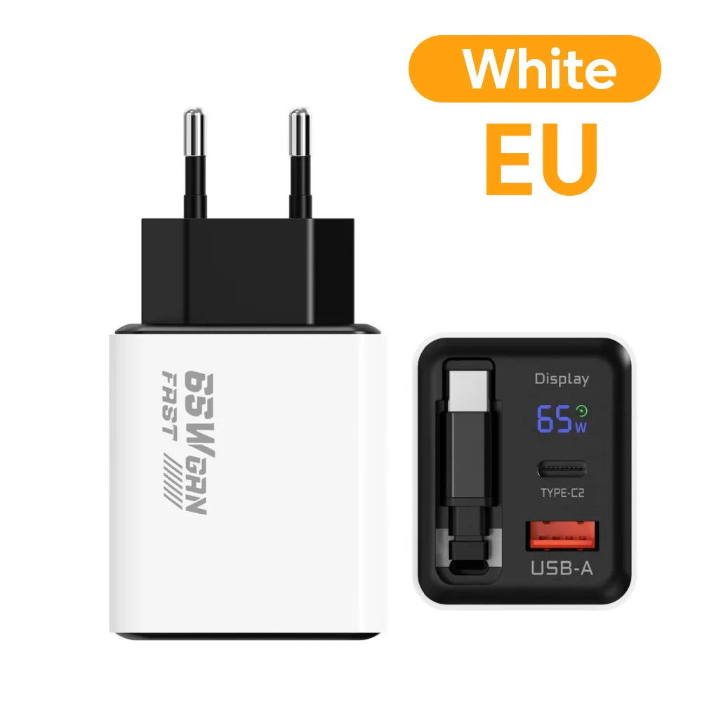 65W USB C GaN Charger Wall Charger Power Adapter Digital Display With Retractable Type C Cable For iPhone 17 16 Samsung Xiaomi
