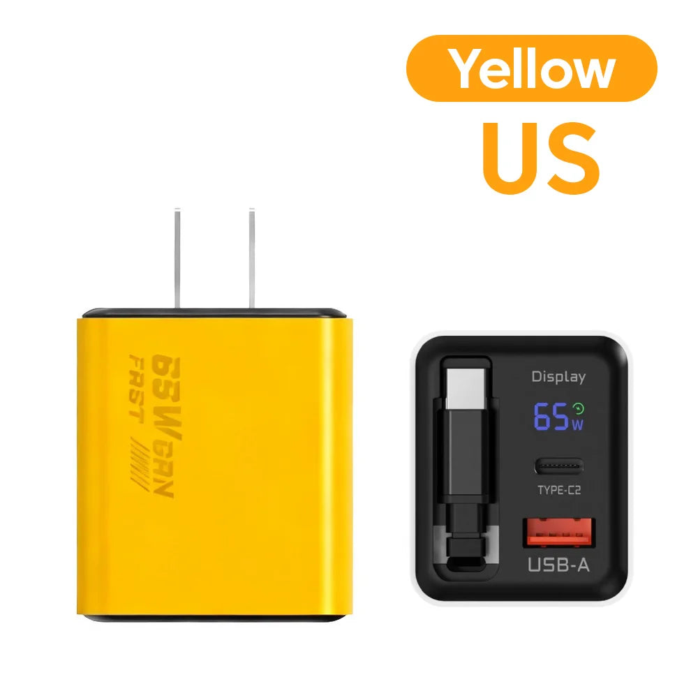 65W USB C GaN Charger Wall Charger Power Adapter Digital Display With Retractable Type C Cable For iPhone 17 16 Samsung Xiaomi