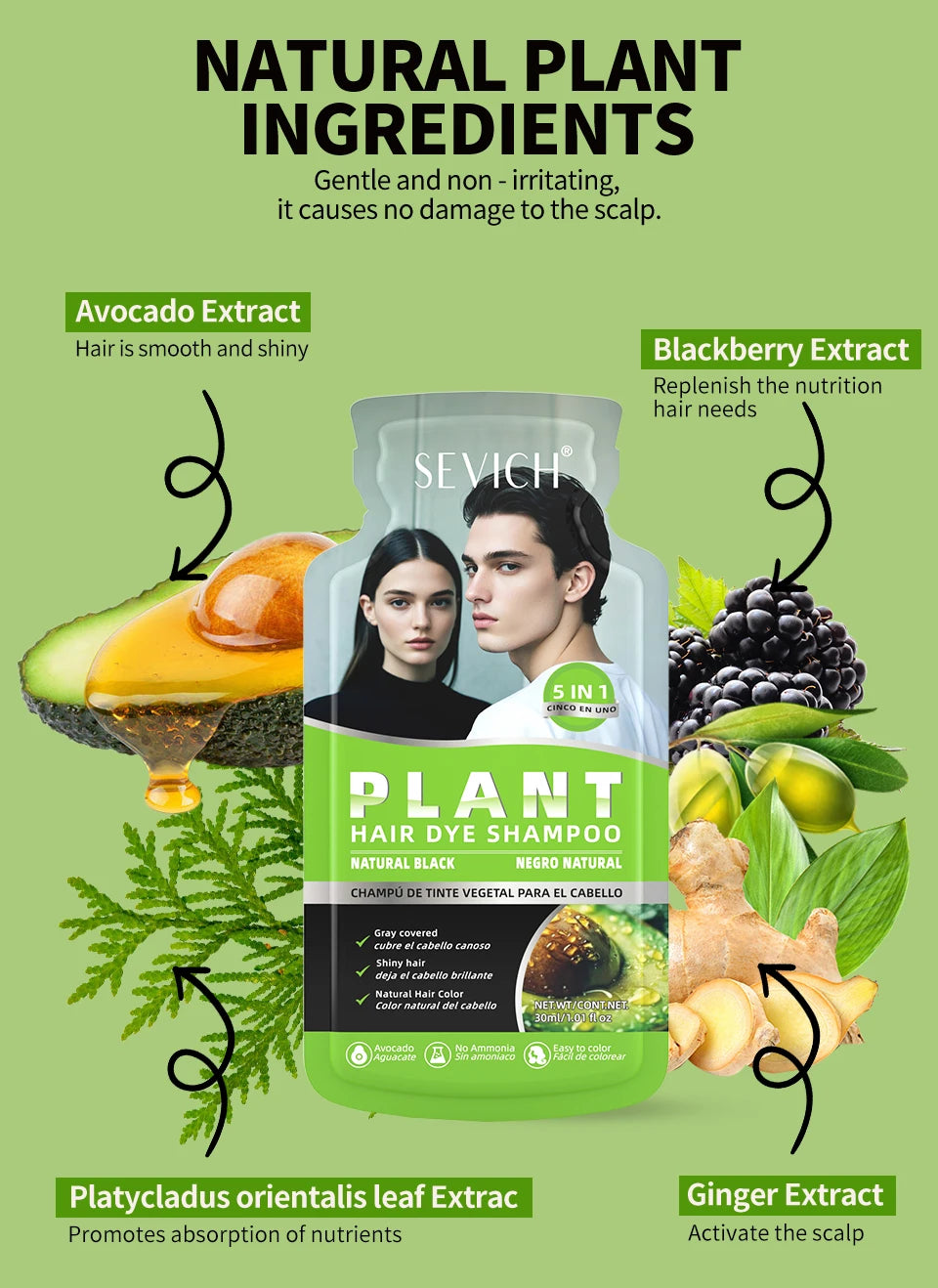 Pure Natural Herbal Black Hair Dye Shampoo for Women&Men 5 In 1 Bubble Plant Hair Color Shampoofor Gray Hair Non-irritating
