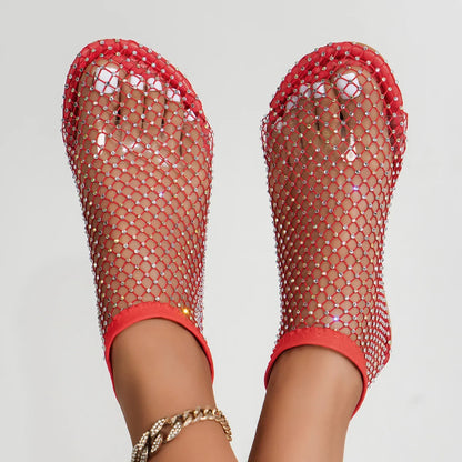 2025 Summer Women's New Round Toe Flat Bottom Sandals Hollow Short Boots Water Diamond Sexy Flat Bottom Fashion Banquet Slippers