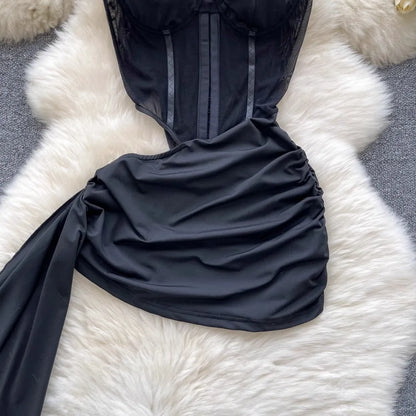 Foamlina  American Sexy Hollowed-out Waist Tube Top Dress for Women's Pleated Waist Hip-wrapped Streamer Girl's Short Dress