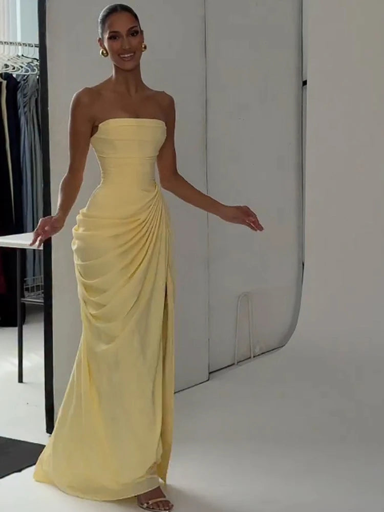 Elegant Yellow Strapless Pleated Dress Women Chic Sleeveless Waist Cinching Split Maxi Gowns 2026 Summer Lady Evening Party Robe