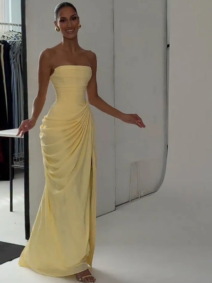 Elegant Yellow Strapless Pleated Dress Women Chic Sleeveless Waist Cinching Split Maxi Gowns 2026 Summer Lady Evening Party Robe