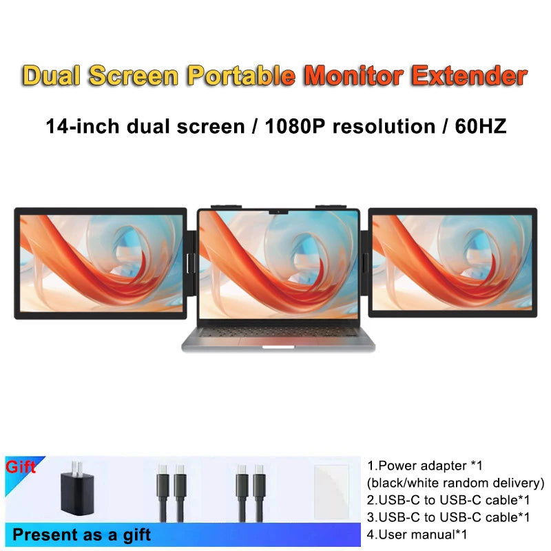 Laptop Screen Extender 14" 1080P Portable Triple Monitor with 270° Automatic Rotation for Wins Mac Dex XBOX Switch Steam Decks