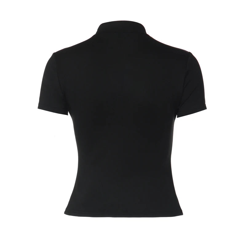 Stand Collar Button Hollow Out T-shirt Women Sexy Solid Short Sleeves Slim Fit Cropped Shirts 2026 Lady Daily Street Outwear New