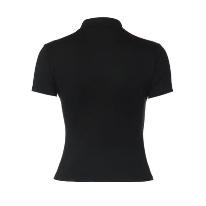 Stand Collar Button Hollow Out T-shirt Women Sexy Solid Short Sleeves Slim Fit Cropped Shirts 2026 Lady Daily Street Outwear New