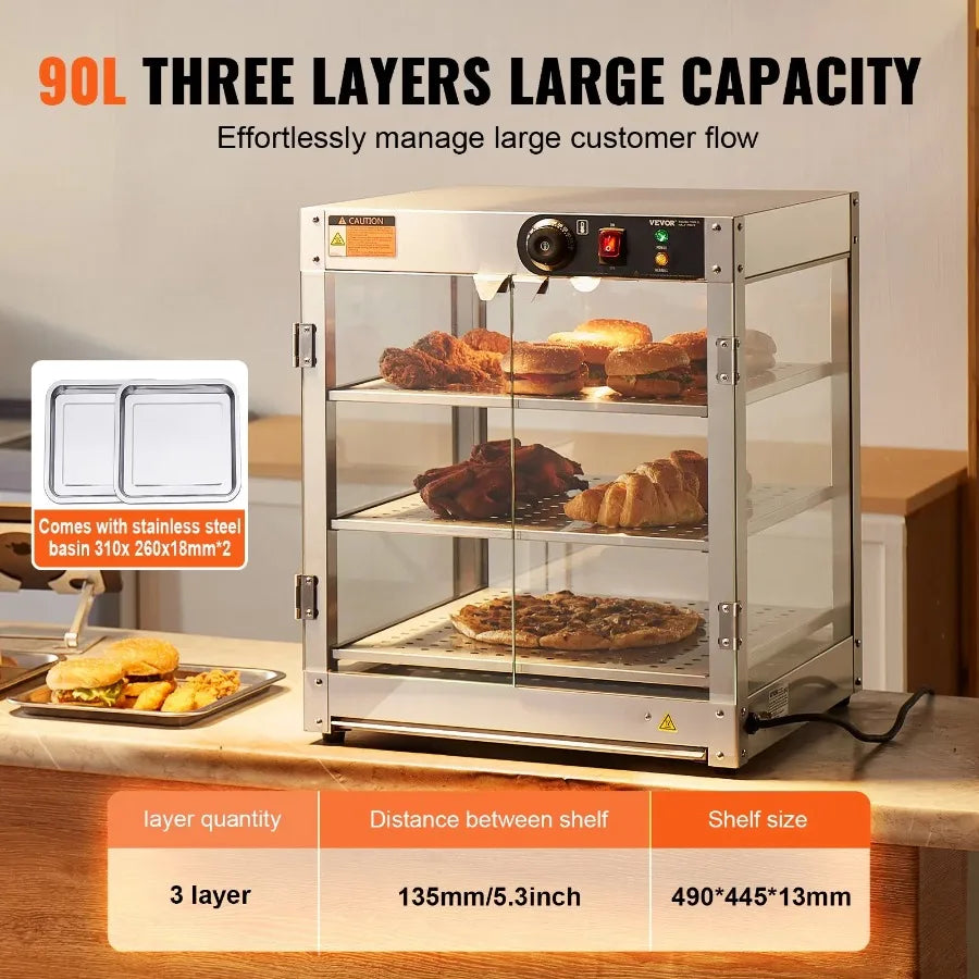 3Tier Commercial Food Warmer Display Countertop Pizza Cabinet with Light