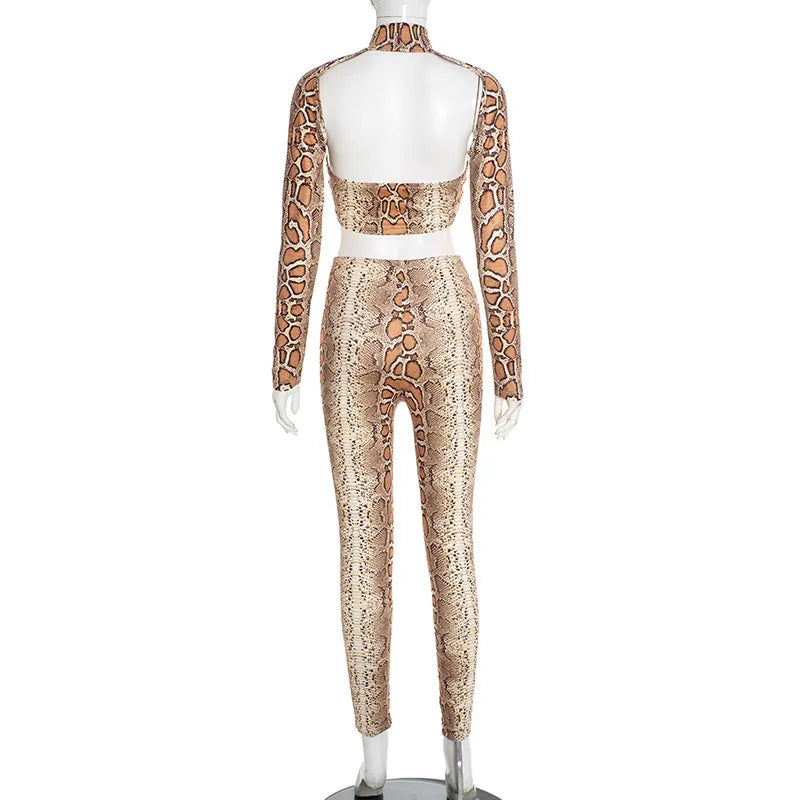 2026 Snake Print Sexy 2 Piece Set Women Spring Autumn Halter Long Sleeve Crop Tops+Pants Matching Stretch Streetwear Outfits