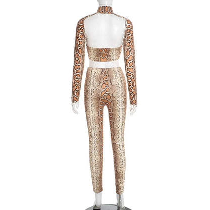 2026 Snake Print Sexy 2 Piece Set Women Spring Autumn Halter Long Sleeve Crop Tops+Pants Matching Stretch Streetwear Outfits