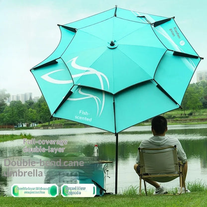 Heavy Duty Fishing Umbrella Thick UV Sunshade Three Fold Large Double Pole Beach Patio Camping Umbrella Base Included Outdoor