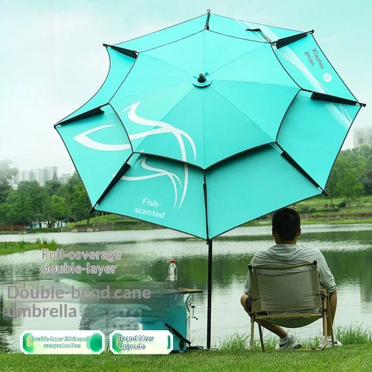 Heavy Duty Fishing Umbrella Thick UV Sunshade Three Fold Large Double Pole Beach Patio Camping Umbrella Base Included Outdoor