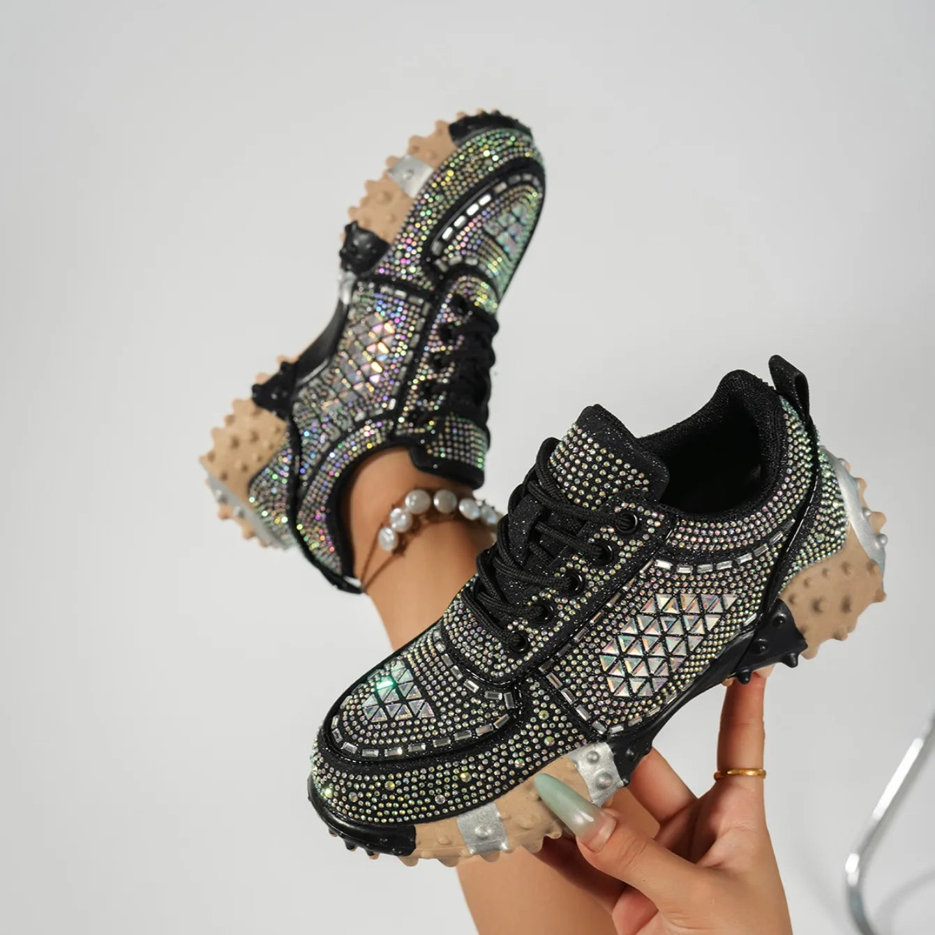 2026 Thick Soled Color Blocked Women's Sneakers Luxury Rhinestone Loafers Fashion Versatile Comfort Anti Slip Women Shoes Tenis