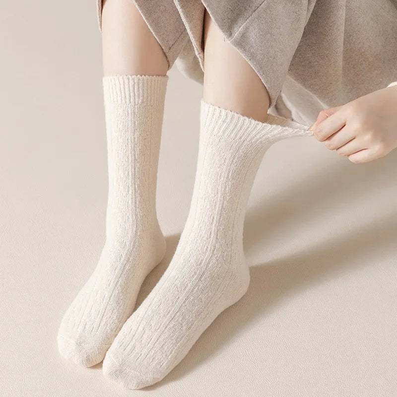 3Pairs Winter Cashmere Wool Socks Women's Winter Diamond Thicken Warm Black White Pack Set Thermal Japanese Fashion Solid Color