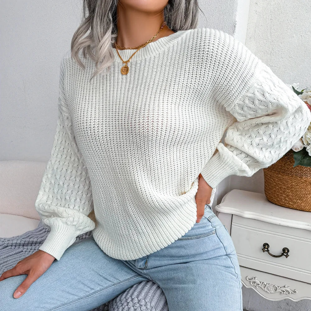 2024 Autumn Winter Casual Lantern Long Sleeved Knitted Sweater Fashion Army Green Round Neck Sweater Elegant Knitted Pullover