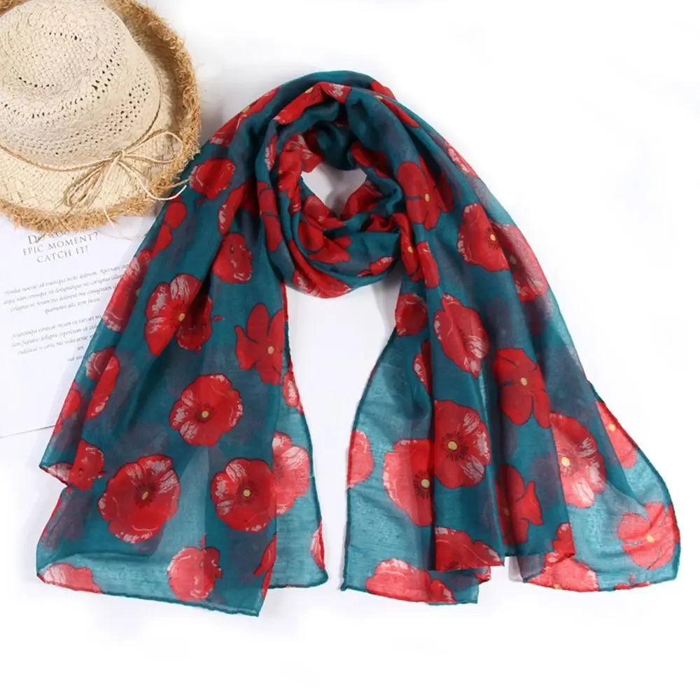 Colorful Poppy Print Scarf 180*90cm Smooth Poppy Floral Shawl Breathable Cotton Voile Poppies Floral Wrap for Women Ladies