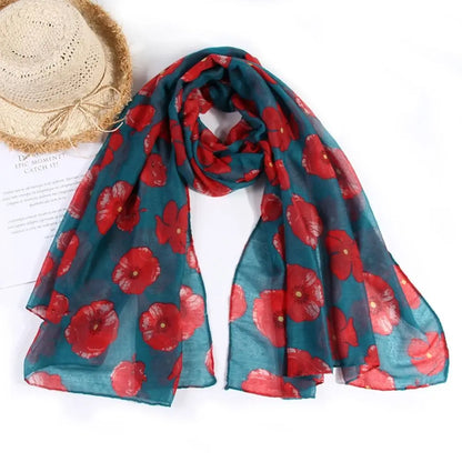 Colorful Poppy Print Scarf 180*90cm Smooth Poppy Floral Shawl Breathable Cotton Voile Poppies Floral Wrap for Women Ladies