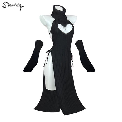 KORURACLUB Sexy Women heart Turtleneck sweater Soft knitted cheongsam long Backless dress