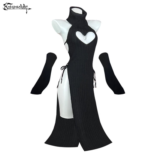 KORURACLUB Sexy Women heart Turtleneck sweater Soft knitted cheongsam long Backless dress