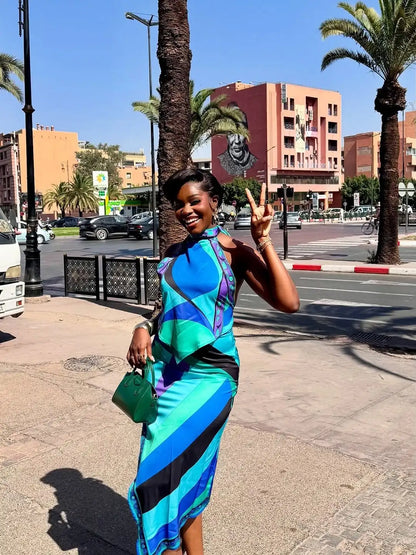 Irregular Satin Printed Sets Halter Neck Lace-up Tank Top Asymmetric Midi Skirt 2 Pieces Set 2026 Summer Casual Vacation Outfits