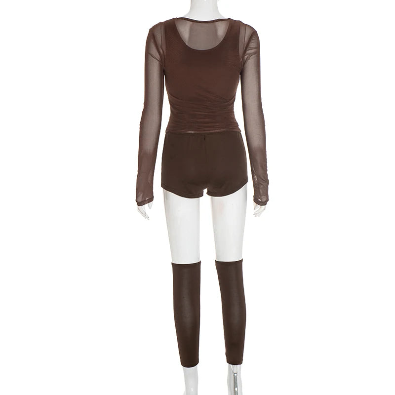 Sexy Casual 3 Piece Set Mesh Full Sleeve o-Neck Crop Tops+Shorts+Foot Cover Matching Autumn Trend Streetwear Outfits