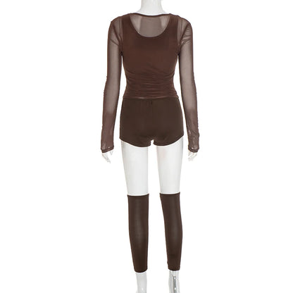 Sexy Casual 3 Piece Set Mesh Full Sleeve o-Neck Crop Tops+Shorts+Foot Cover Matching Autumn Trend Streetwear Outfits
