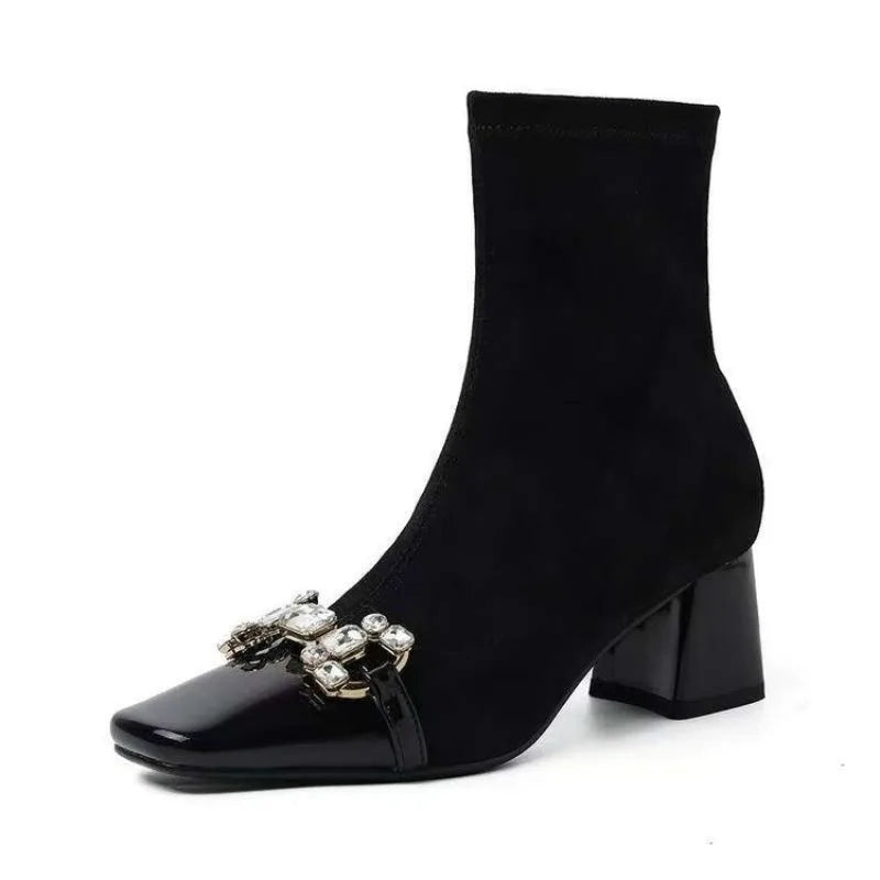 Rhinestone Buckle Booties Women's Fashion Square Toe Paneled Suede Non-Slip Wear-Resistant Heels