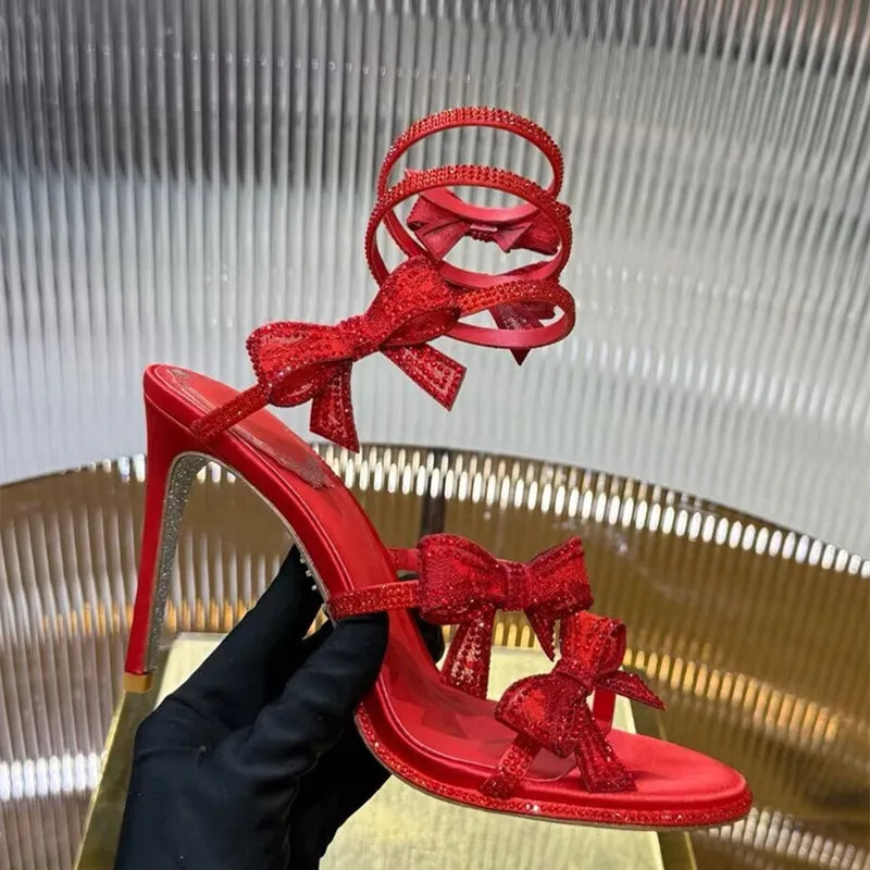 Luxury Rhinestones Mesh Bowknot Snake Coiled Women Gladiator Sandals Sexy Narrow band Thin High heels Summer Wedding Party Shoes
