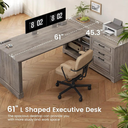 Executive Desk, 61' Farmhouse L Shaped Desk with File Drawers, Office Desk with Drawers and Power Outlets, Computer Desk with