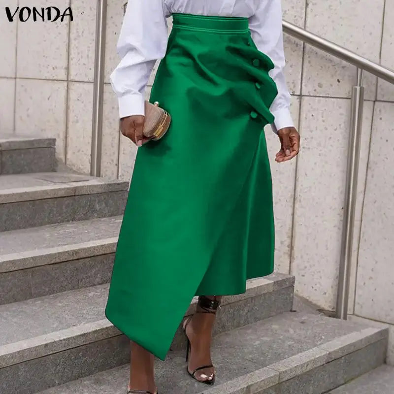 VONDA Plus Size 5XL Elegant Women Satin Skirts High Waist Button Pleated Asymmetrical Maxi Jupes Fashion Solid Long Faldas Saia
