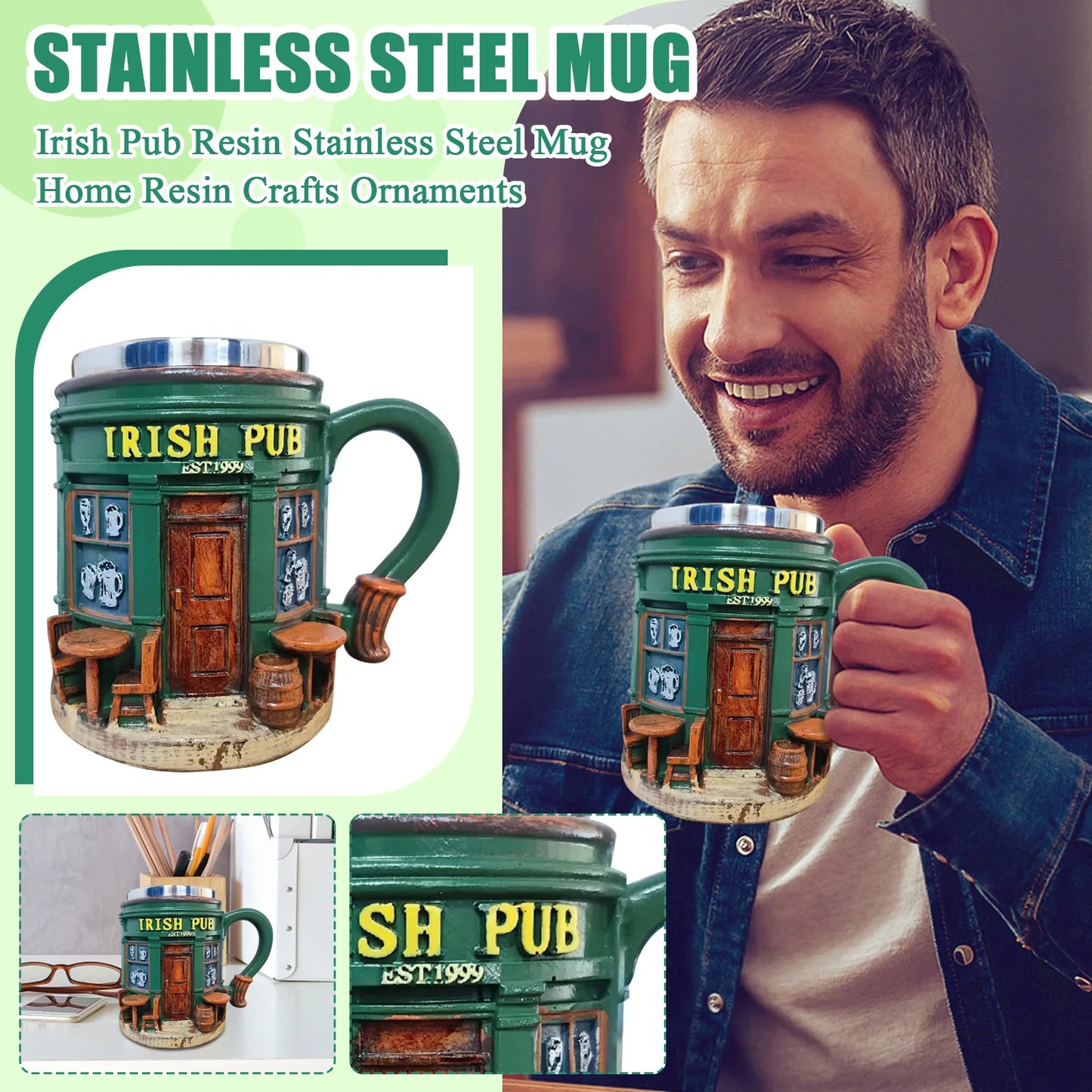 3D Pattern Irish Pub Stainless Steel Mug Home Bar Resin Crafts Ornaments Beer Mug Coffee Cup Drinking Utensils Xmas Holiday Gift