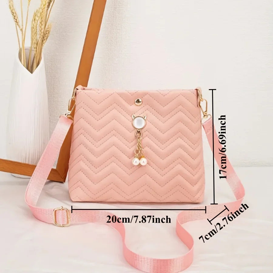 Women's Quilted Crossbody Bag with Cat Pearl Pendant - Elegant Shoulder Purse for Holiday gifts, 2025 Stylish Novelty Handbag