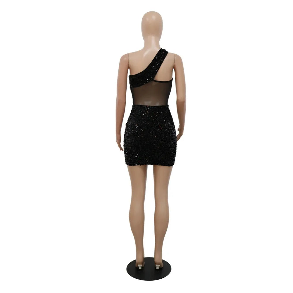 HLJ Fashion Sequin Splicing Hollow One Shoulder Party Club Mini Dresses Women Sleeveless Backless Slim Vestidos Sexy Clothing