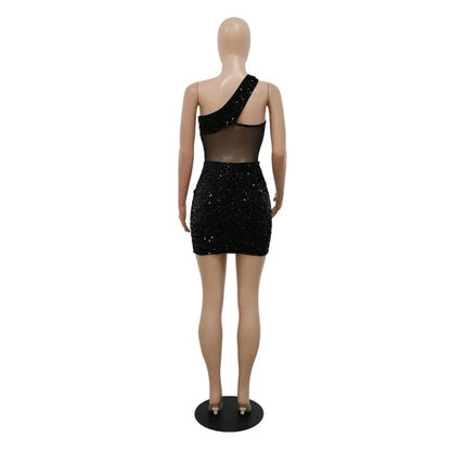 HLJ Fashion Sequin Splicing Hollow One Shoulder Party Club Mini Dresses Women Sleeveless Backless Slim Vestidos Sexy Clothing