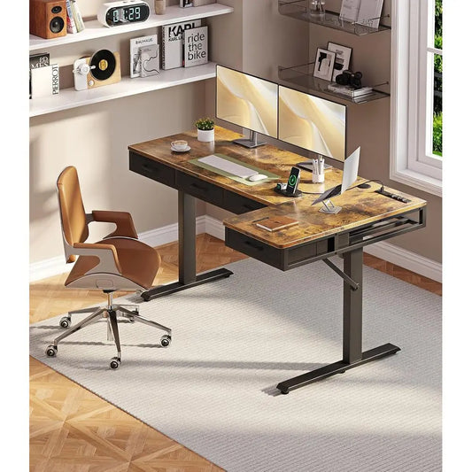 63 L-Shaped Electric Adjustable Desk with Power Outlets, Large Sit-Stand Workstation, Rustic Brown
