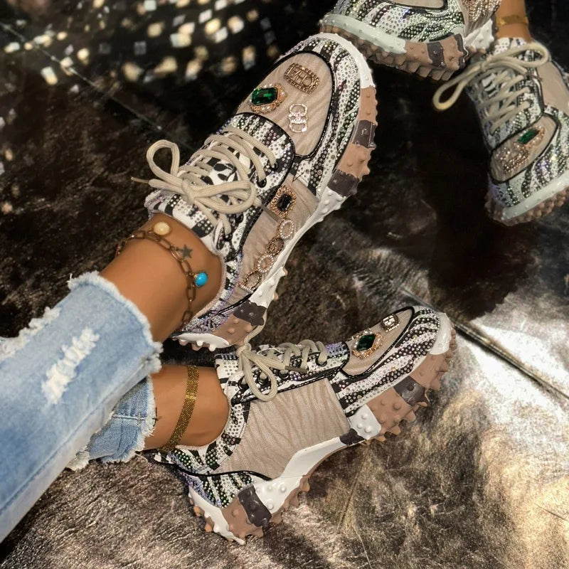 Fashion Casual Shoes Rhinestone Shoes Women Luxury Sneakser Diamond Breathable  Designers Casual Platform Non Slip Running Shoes