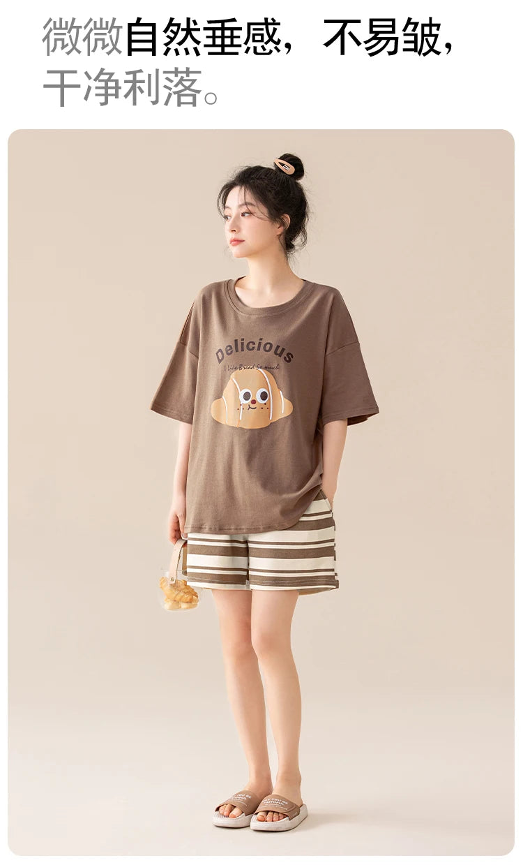 100% Pure Cotton Women Pajamas Summer Cartoon Print Pijamas Girls Nightwear Homewear Short Sleeve Sleepwear O-neck Loungewear