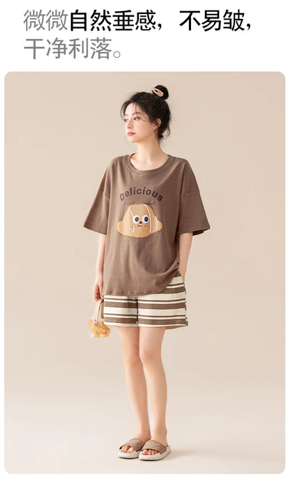100% Pure Cotton Women Pajamas Summer Cartoon Print Pijamas Girls Nightwear Homewear Short Sleeve Sleepwear O-neck Loungewear